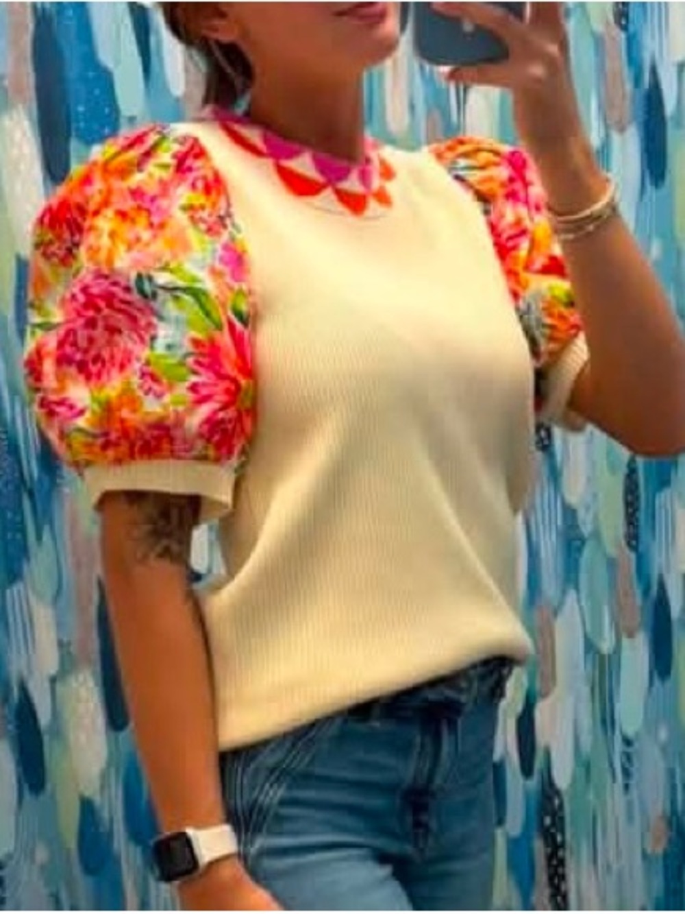 Cream Sweater Top with Pink Floral Puff Sleeves